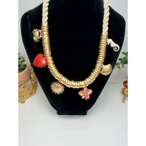 ZARA Necklace Women's Seashore Charms Golden Enamel Cream Cord Statement Coastal